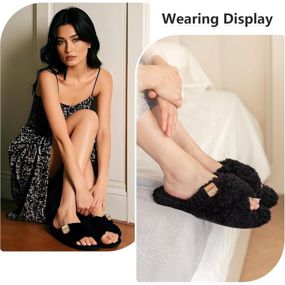 ⚡Women’s Black Faux Fur Cozy Fuzzy Cross Band Slippers Indoor House Shoes - Picture 2 of 6